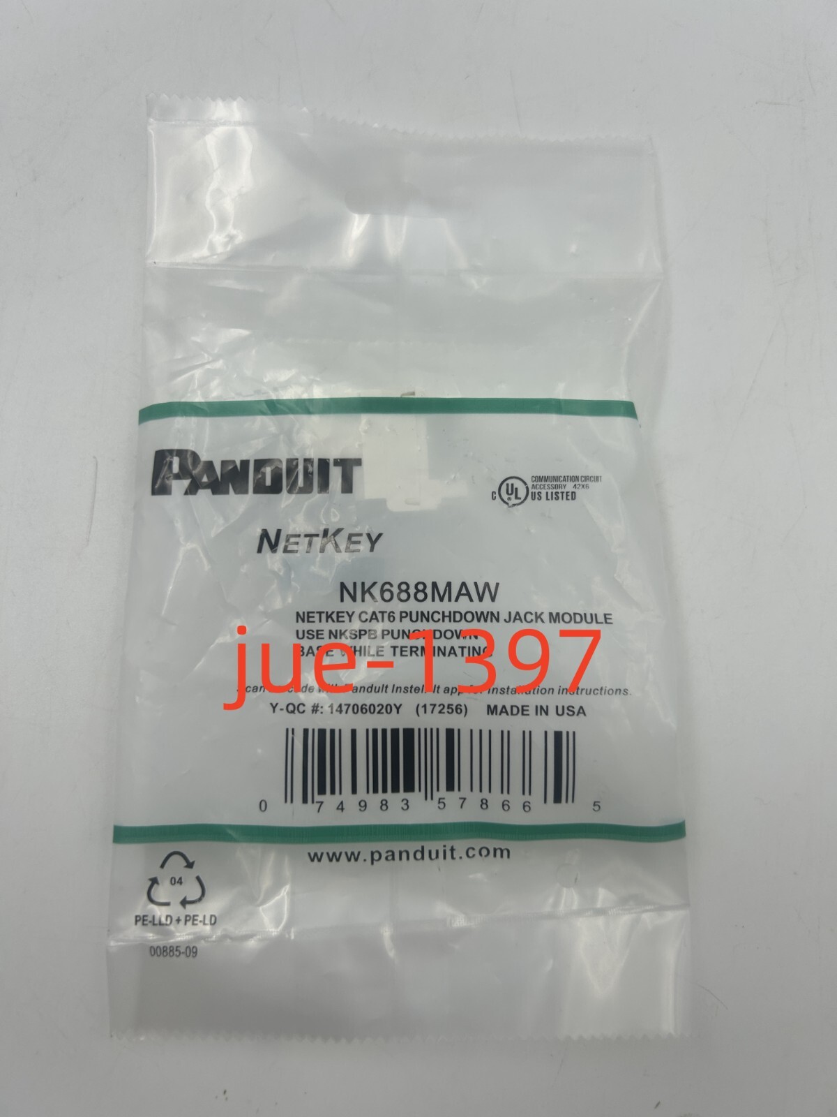Panduit NK688MAW NetKey Cat 6 Keystone Punchdown Jack Module, White Qty50