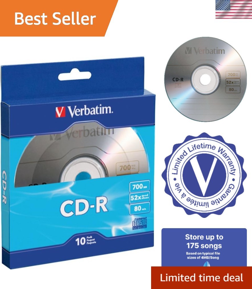 10-Pack CD-R Blank Discs 700MB 80-Minute for Music & Data Storage