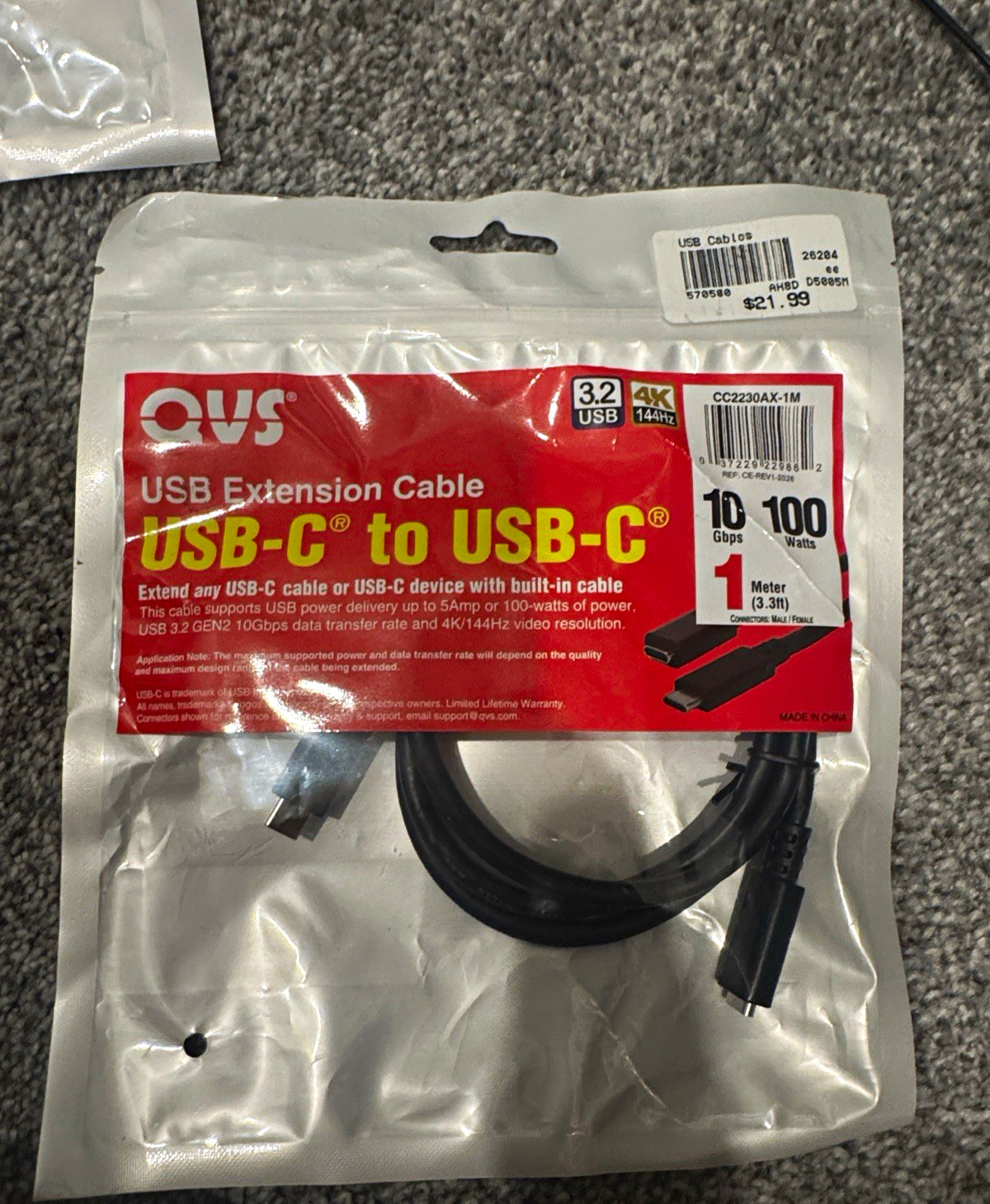 QVS USB-C to USB-C USB 3.2 Extension Cable 1m Black 10Gbps CC2230AX-1M