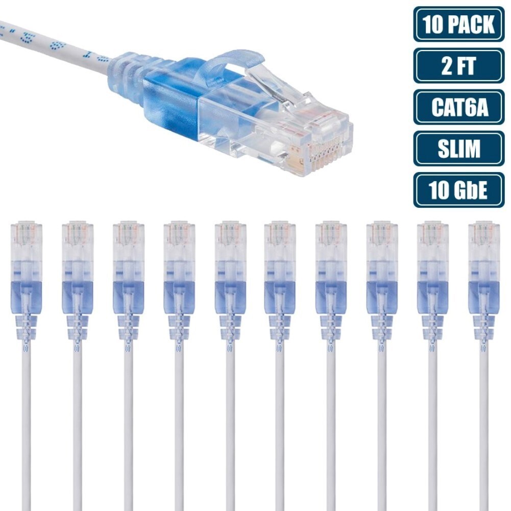 10x 2FT CAT6A RJ45 Ethernet LAN Network Patch Cable Slim Cord 30AWG Router White