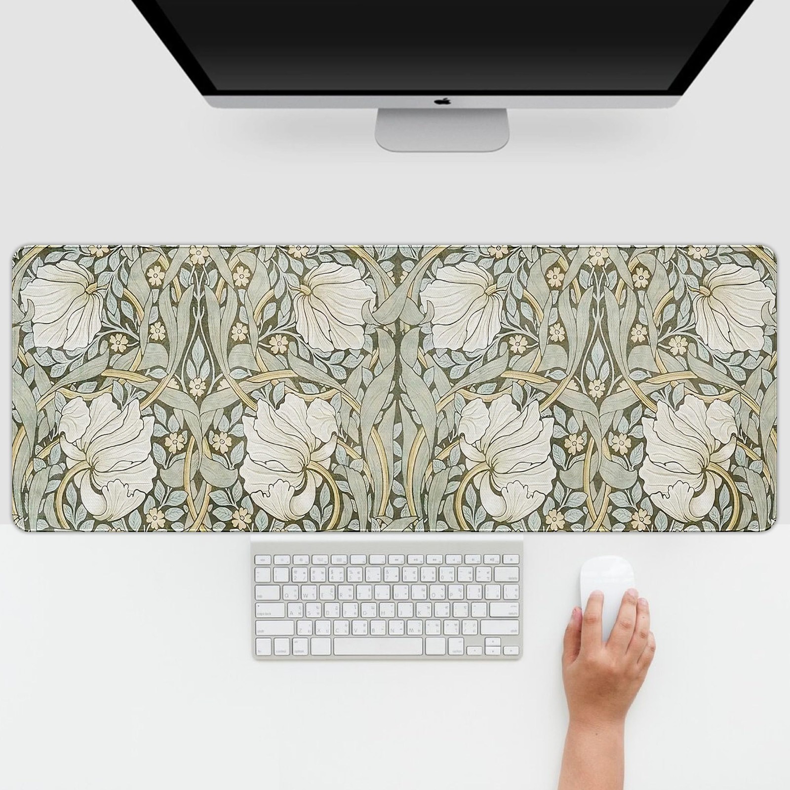 Green Boho Mouse Pad Large, Vintage Flroal Desk Mat, Abstract Flroal Large Ga...