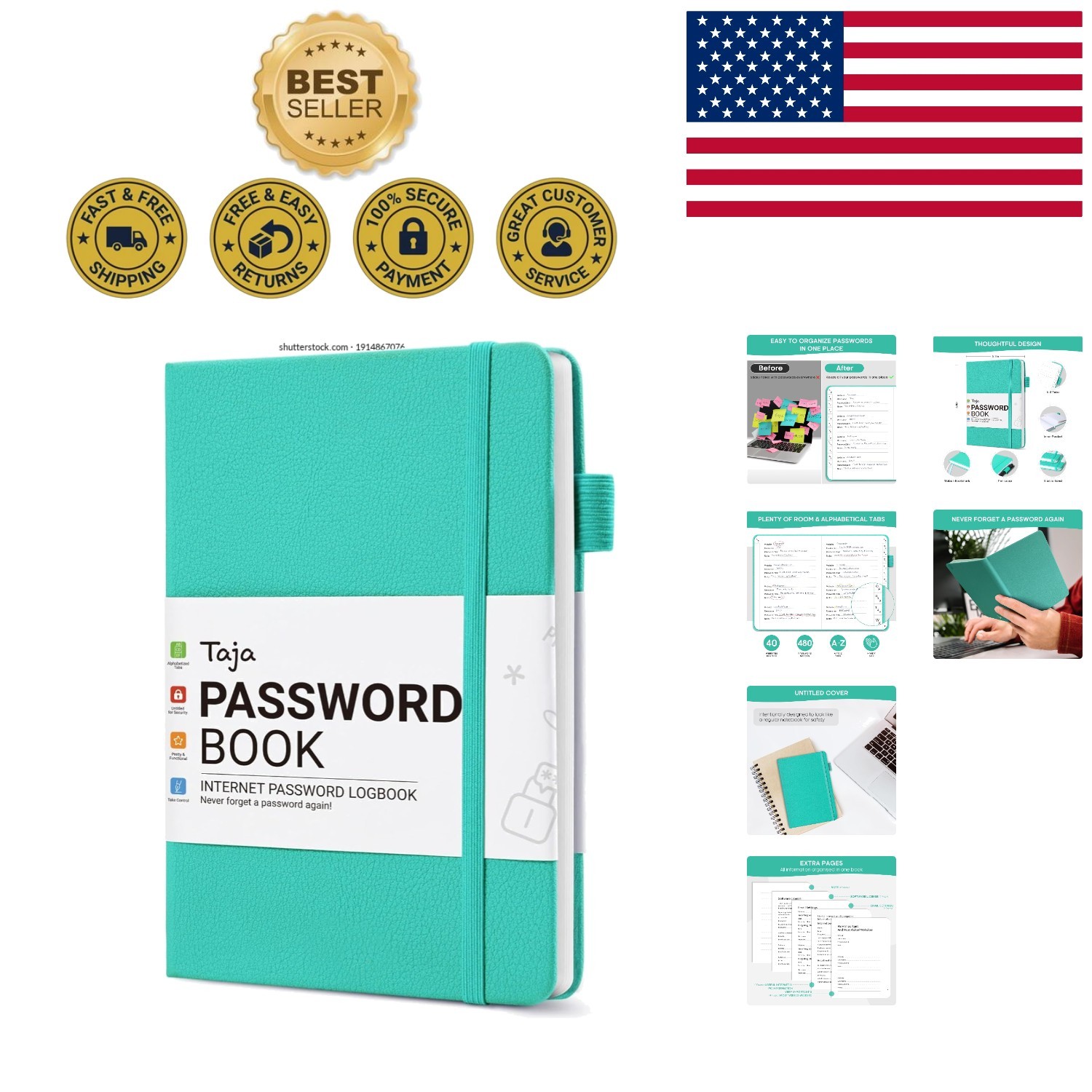 Elegant Aquamarine Password Keeper Book with Alphabetical Tabs for Seniors