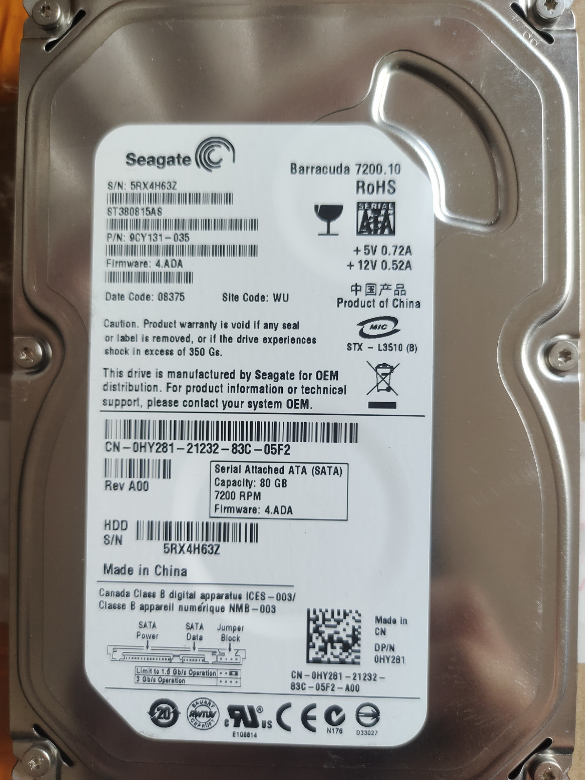 FOR Seagate 80GB ST380815AS 7200RPM SATA 3.5" HDD Hard Disk Drive