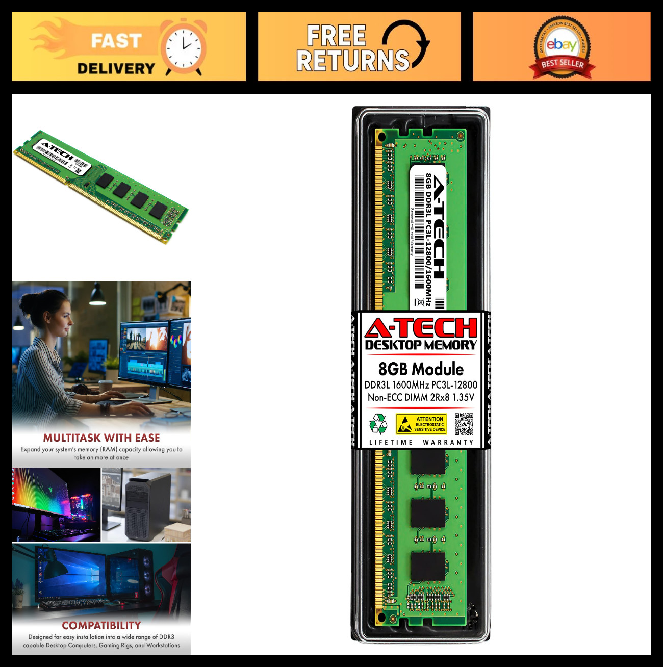 8GB DDR3/DDR3L 1600MHz PC3L-12800 CL11 240-Pin Non-ECC UDIMM Desktop RAM Memory