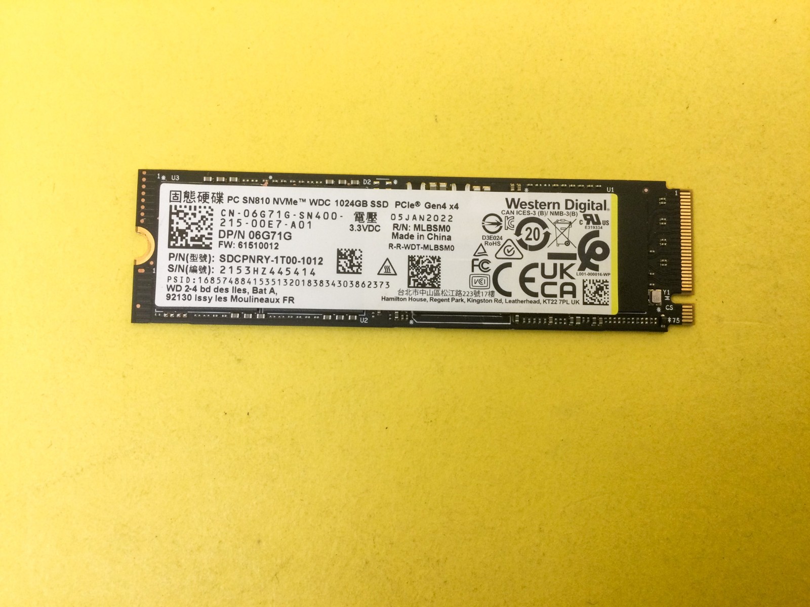 Western Digital SN810 1TB PCIe 4.0 NVMe M.2 2280 SSD SDCPNRY-1T00-1012