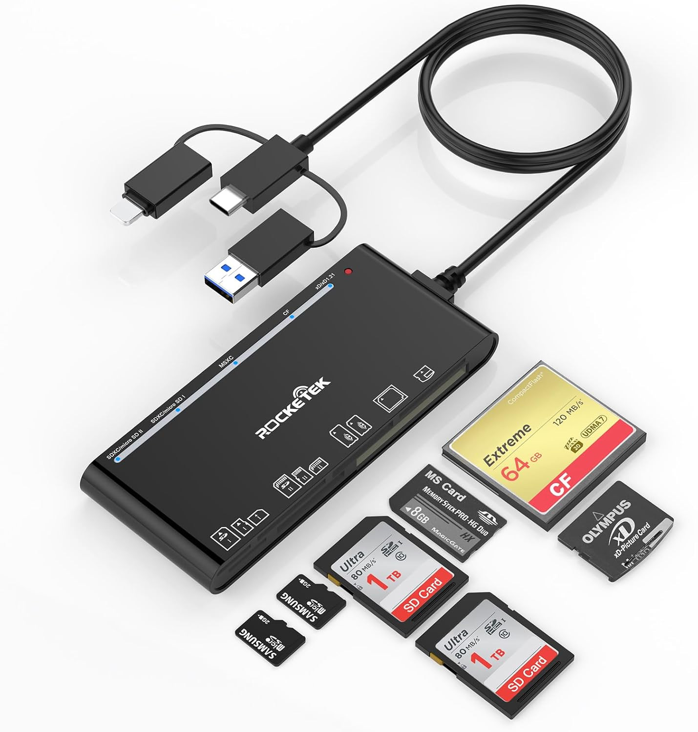 USB C Lightning USB3.0 Multi Card Reader for SD CF XD MS Micro SD TF, 7 in 1 Mem