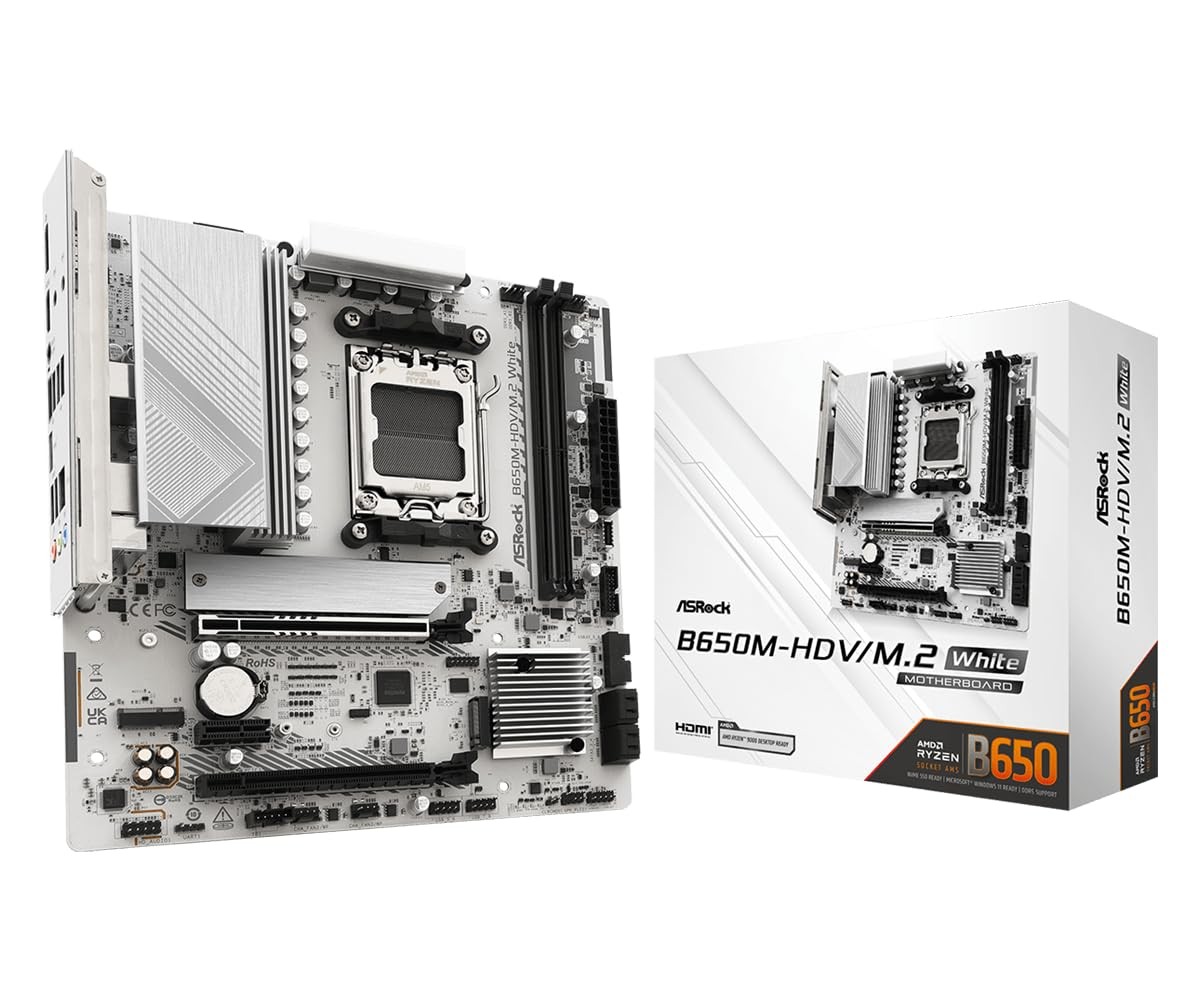 ASRock B650M-HDV M.2 White Micro-ATX AM5 Motherboard, AMD Ryzen 9000/8000/700...