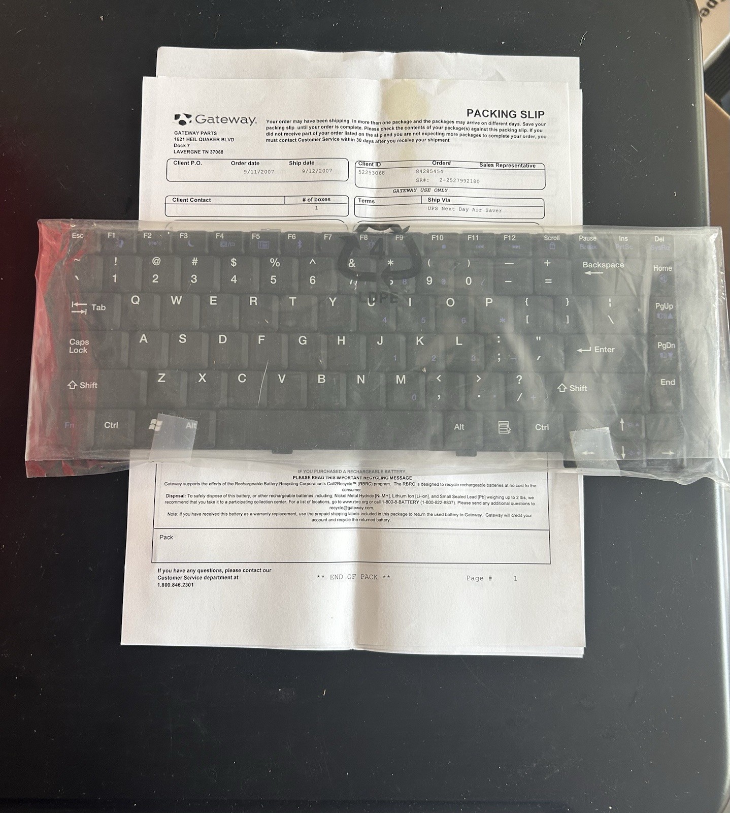 Vintage keyboard replacement part QND1KBZZZUTAP5 with packing slip from 2007.