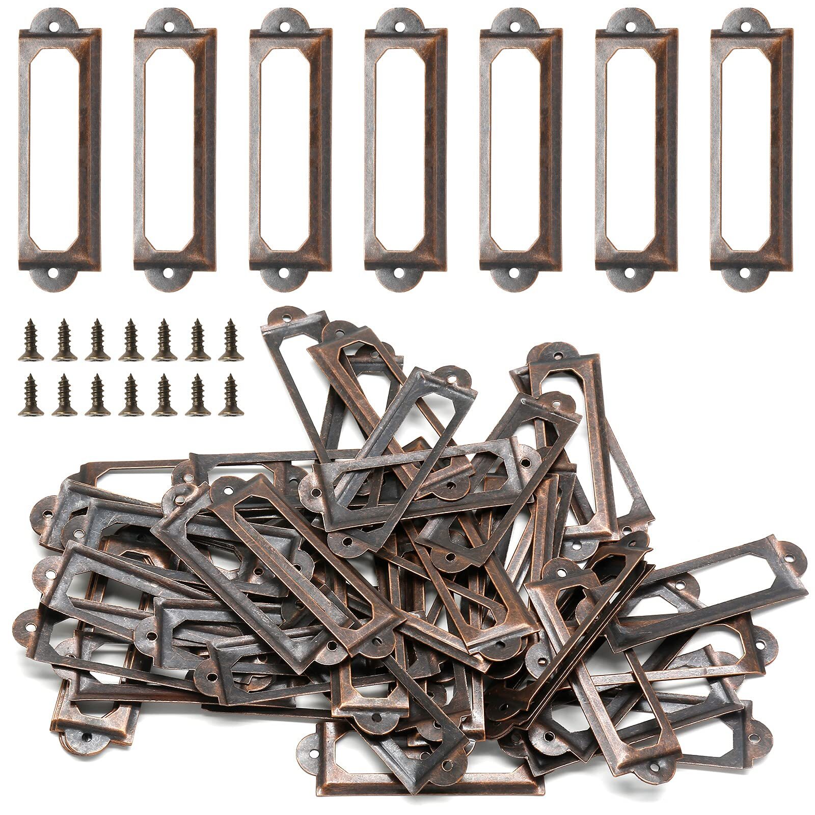 50 Pcs Metal Library Label Holders File Cabinet Label Frames w/ Screws, 60x17mm