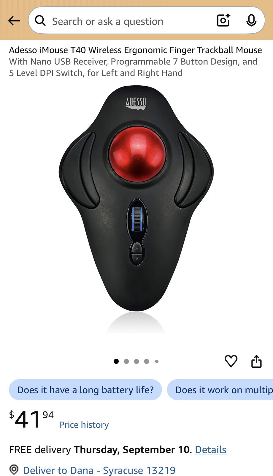 Adesso iMouse T40 Wireless Ergonomic Finger Trackball, 7-Button 4800 DPI Black