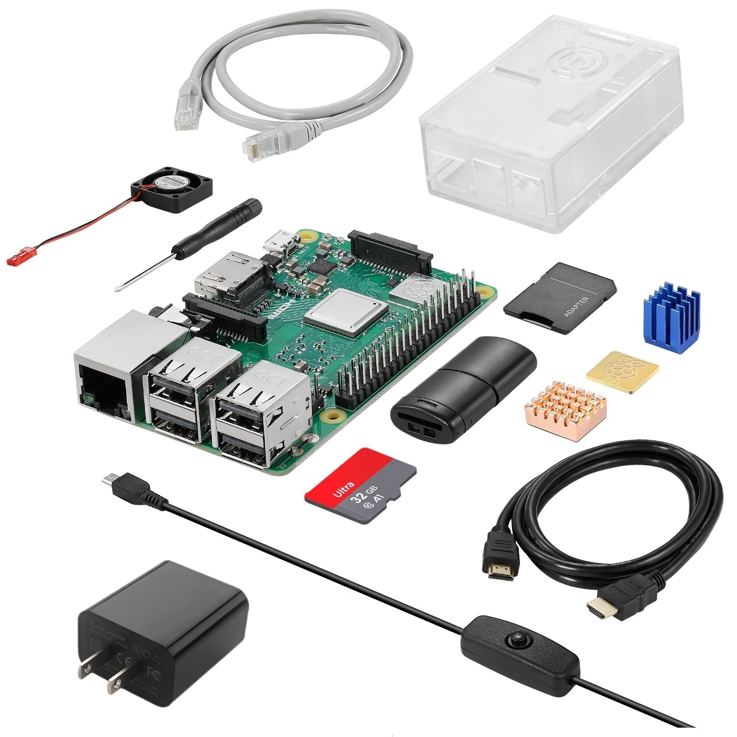 Raspberry Pi 3 Model B+ kit 32GB microSD card, 5V/3A power supply with switch
