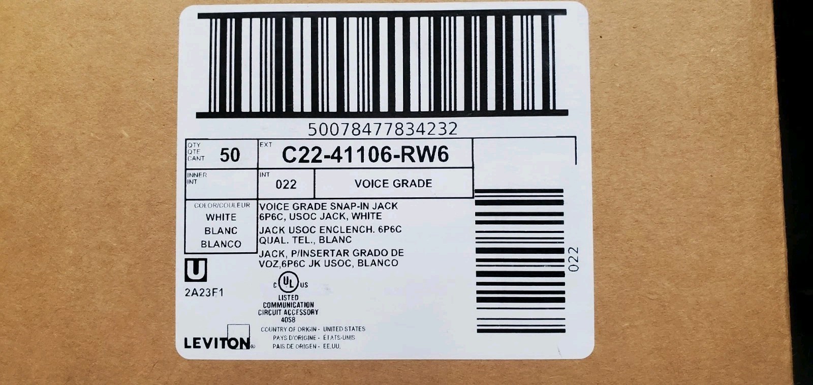 Box Of 50 Pieces Leviton  41106-RW6 Snap in Jacks  Voice Grade White