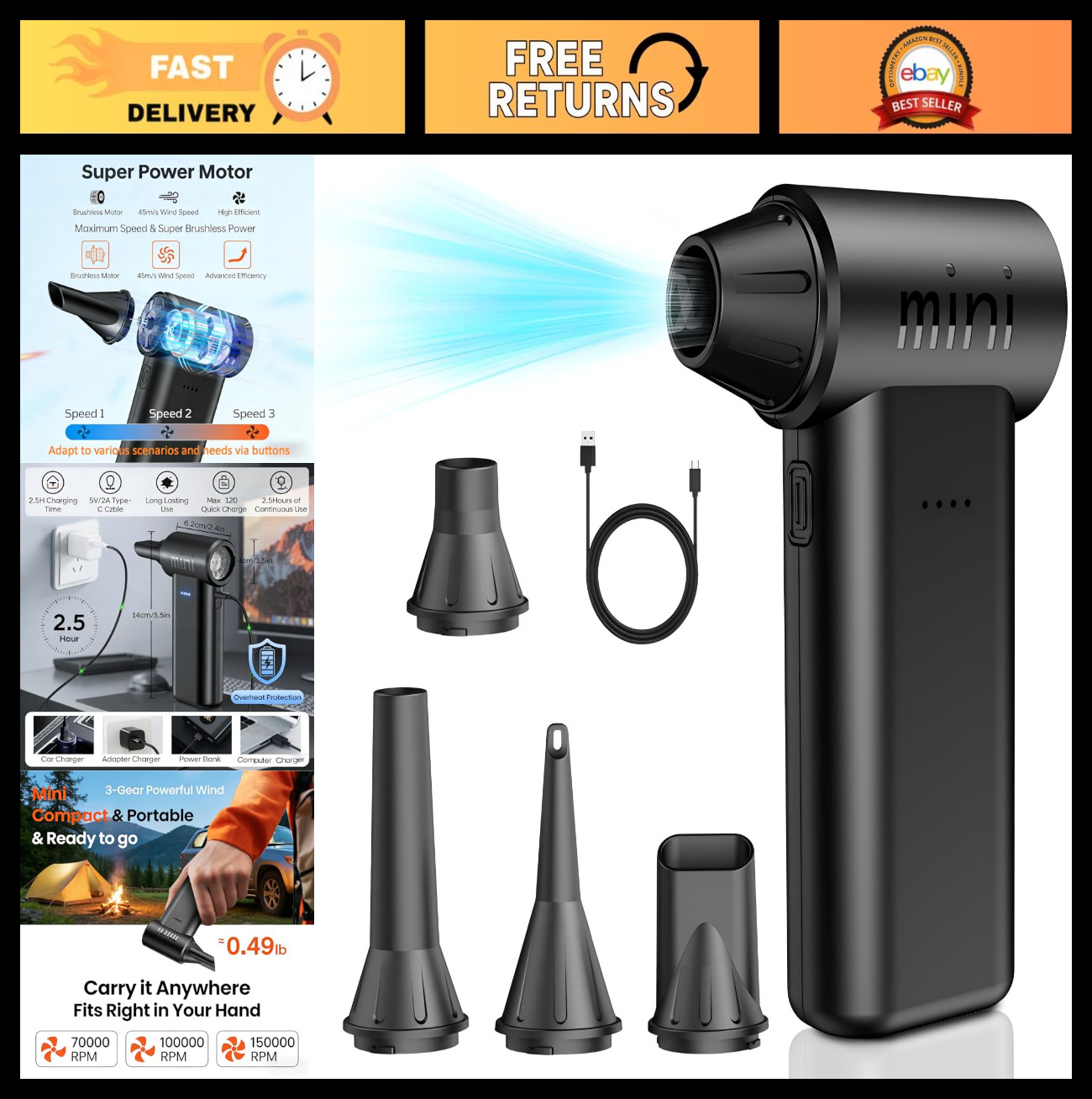 Cordless Electric Air Duster 150,000 RPM - 3-Speed Mini Blower, Fast Charging, R