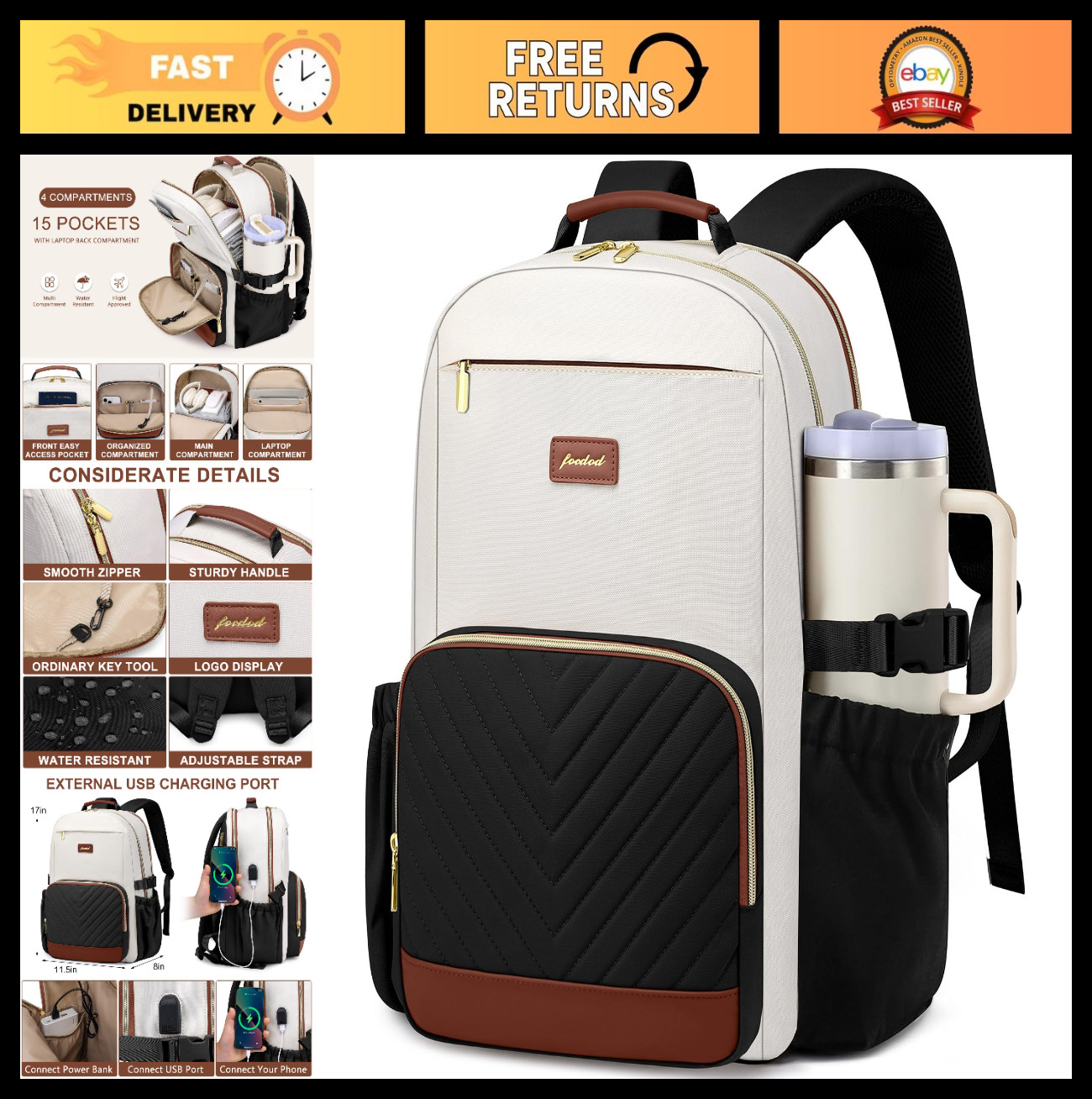 Stylish 15.6" Laptop Backpack for Women - Large Capacity, USB Charger, Anti-Thef