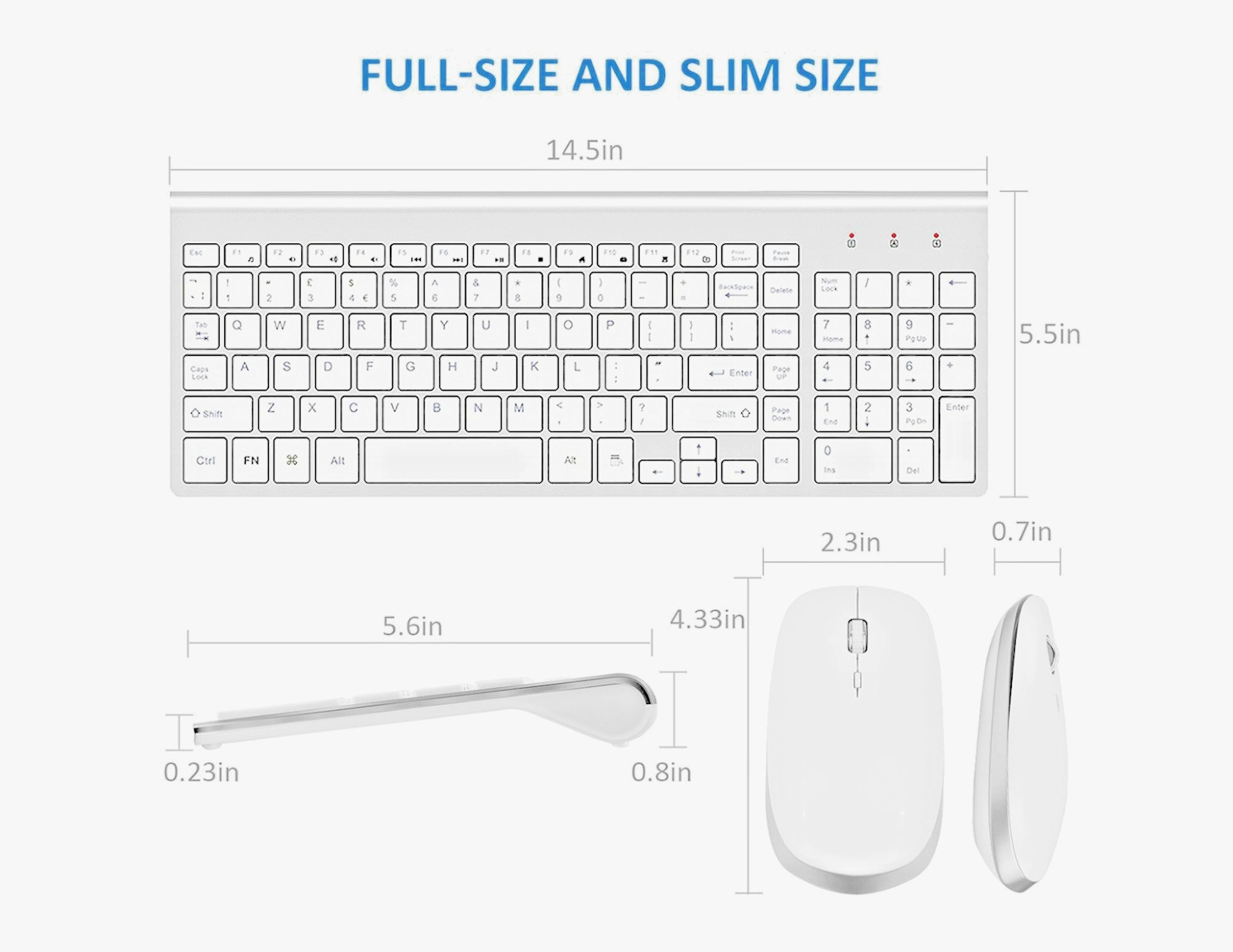 Wireless Keyboard &Mouse FENIFOX USB Slim 2.4G Full-Size Windows Mac-Silver Wht