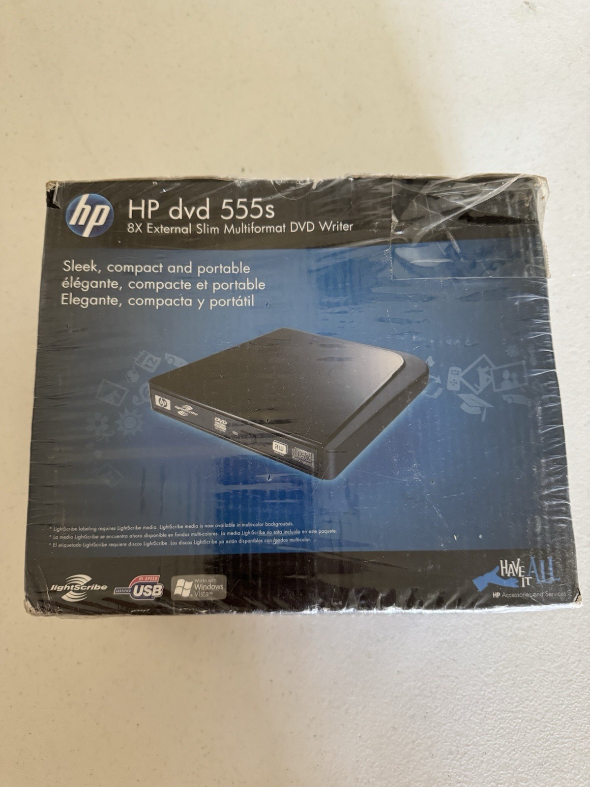 HP dvd/cd external rewritable drive. Model dvd555s-H07 3 New Old Stock Vintage
