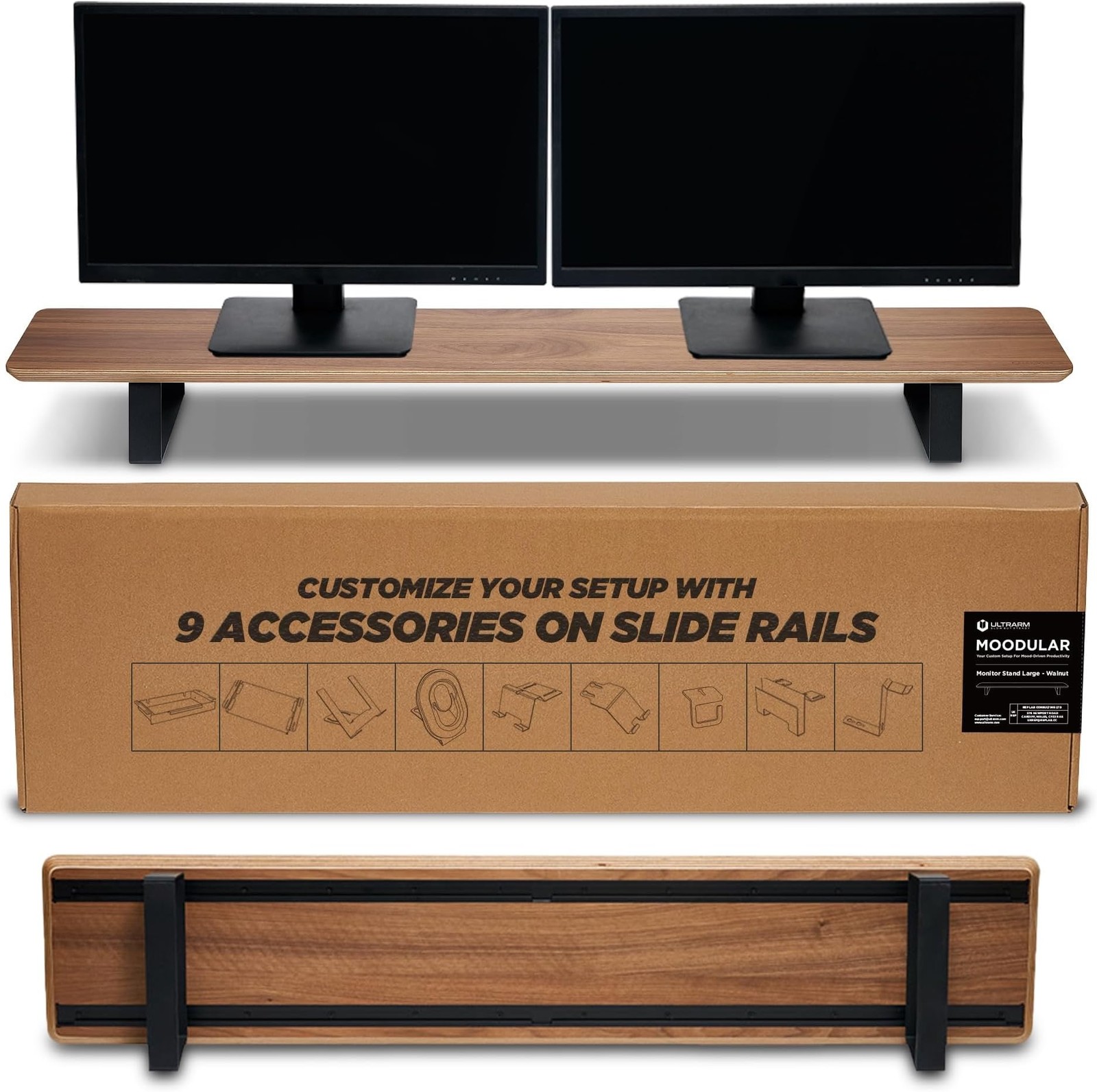 ULTRARM Monitor Stand Desk Organizer 45.6 Walnut Slide Rails Customizable