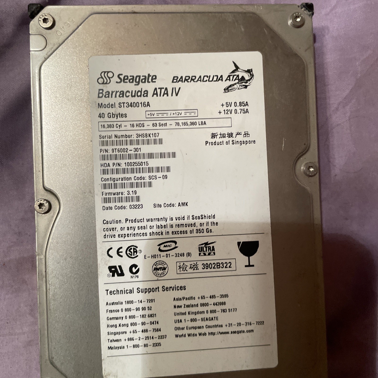 Seagate Barracuda ATA IV 40GB Internal 7200RPM 3.5" (ST340016A) HDD Not Tested