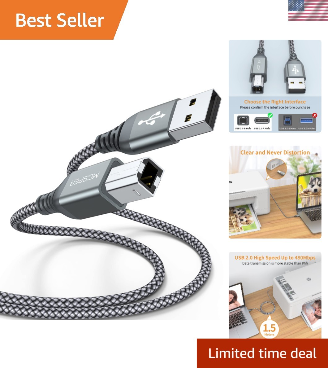 2 Pack 5FT USB Printer Cable - High Speed A to B Braided for Ultimate Durability