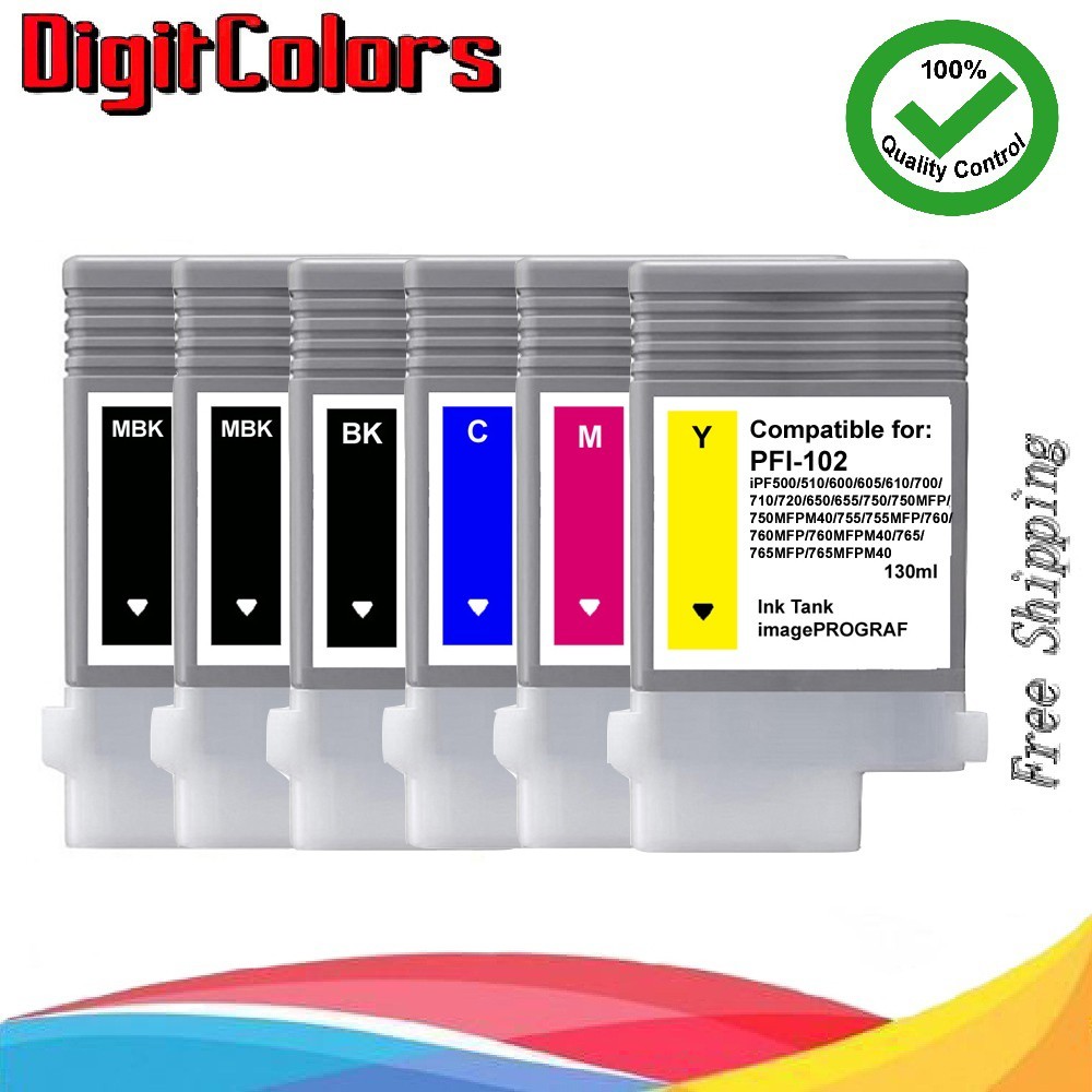 Set 6 colors PFI102 & PFI104 Ink Cartridge Fit Canon IPF650 IPF655 IPF750 755MFP