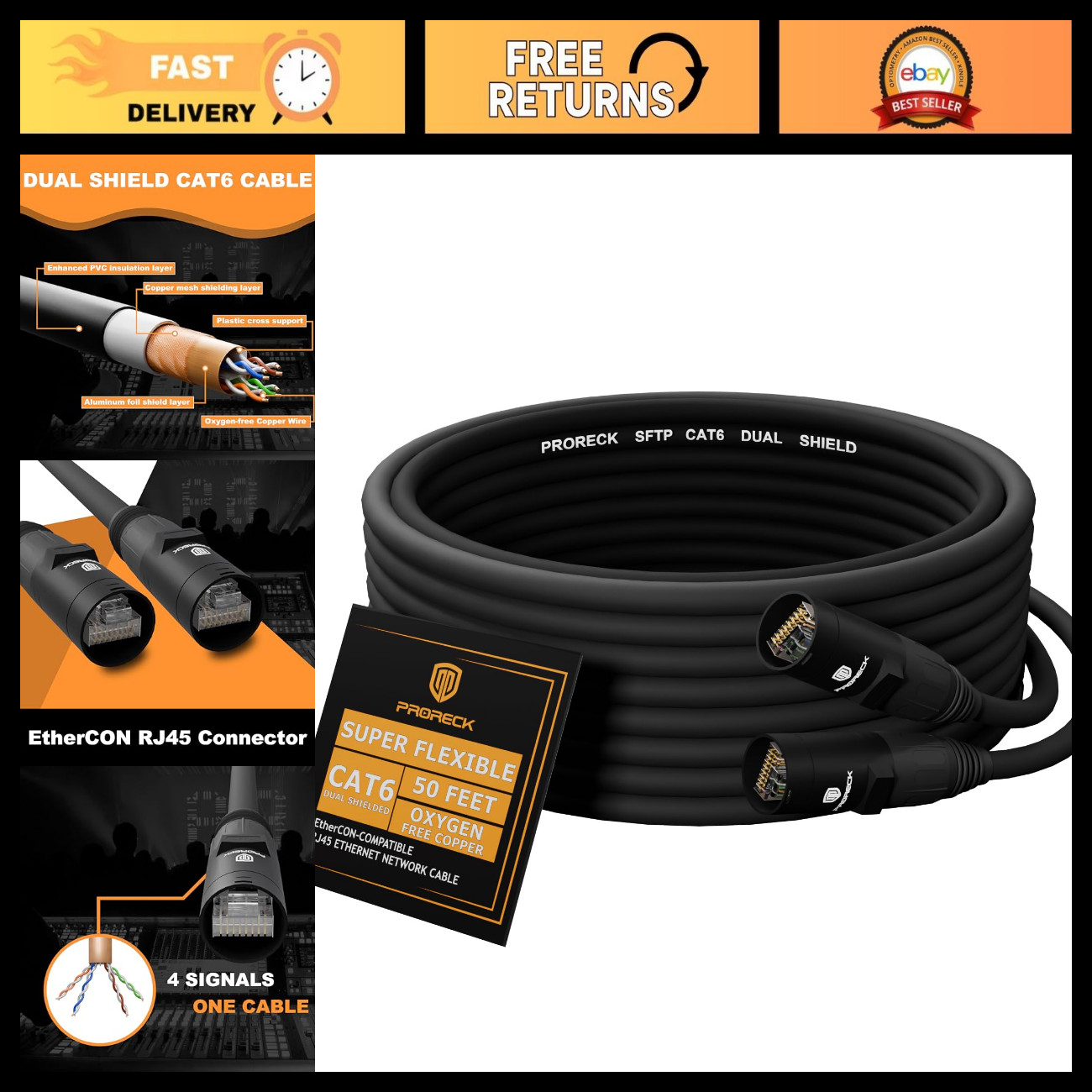 High-Speed 50ft Dual Shielded CAT6 Ethernet Cable, EtherCON RJ45, Pro Sound & St
