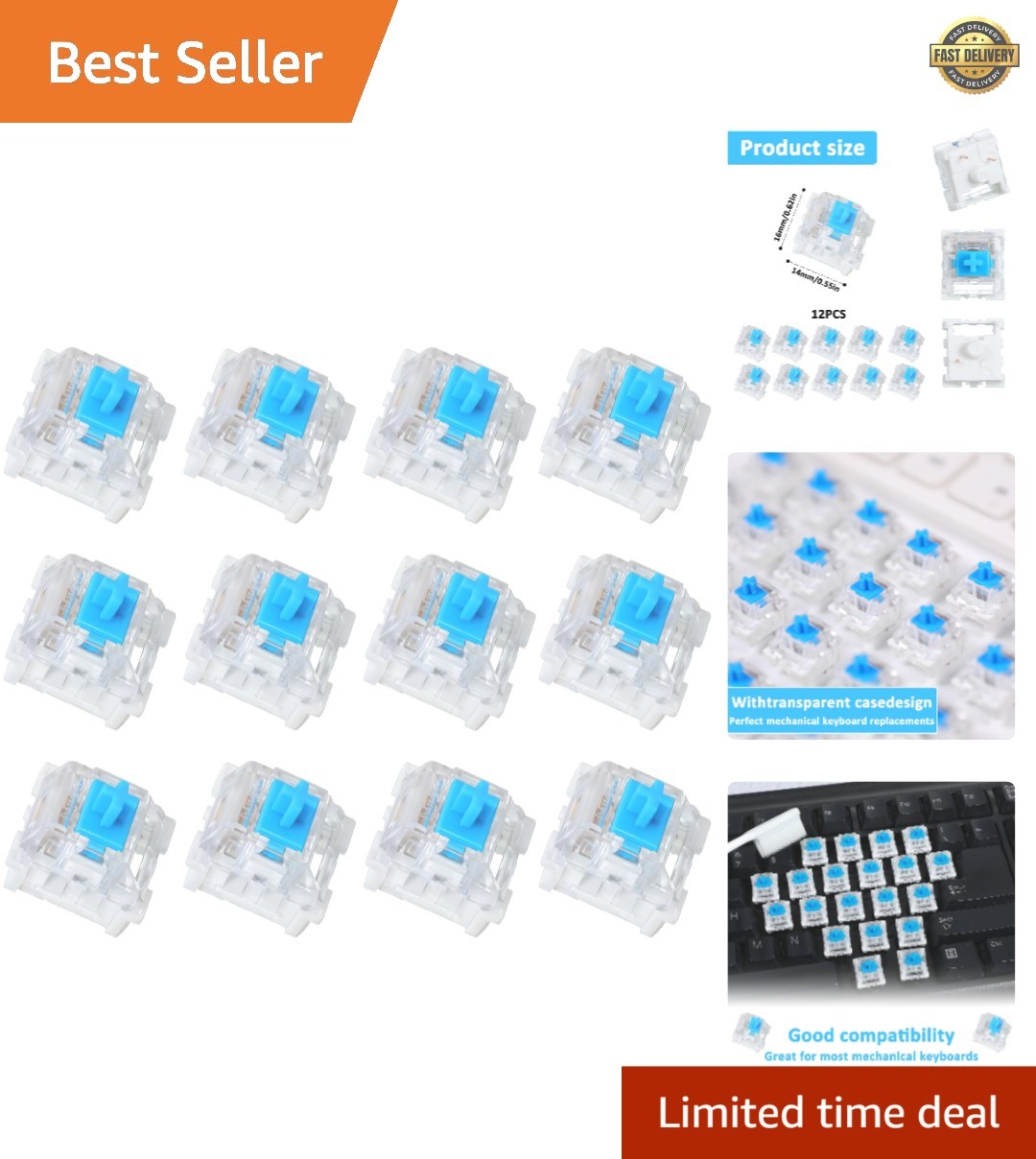 12 Pieces Blue Mechanical Keyboard Switches, 3 Pin Pre-Lubricated Clicky Key ...