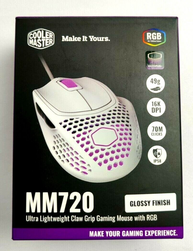 Cooler Master MM720 White Glossy Lightweight Gaming Mouse w/ Ultraweave Cable