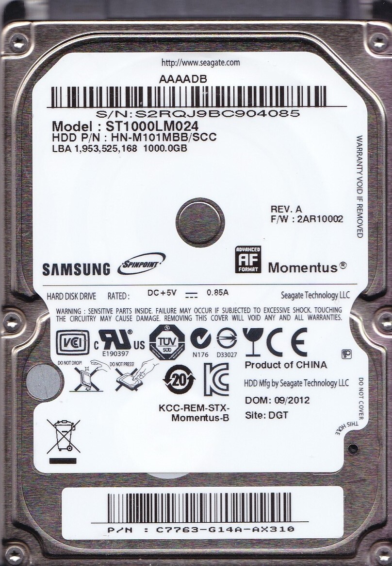 ST1000LM024 p/n:HN-M101MBB/SCC s/n: S2R 2012 1TB SATA *PAUNI_L2957*PA VID=0006