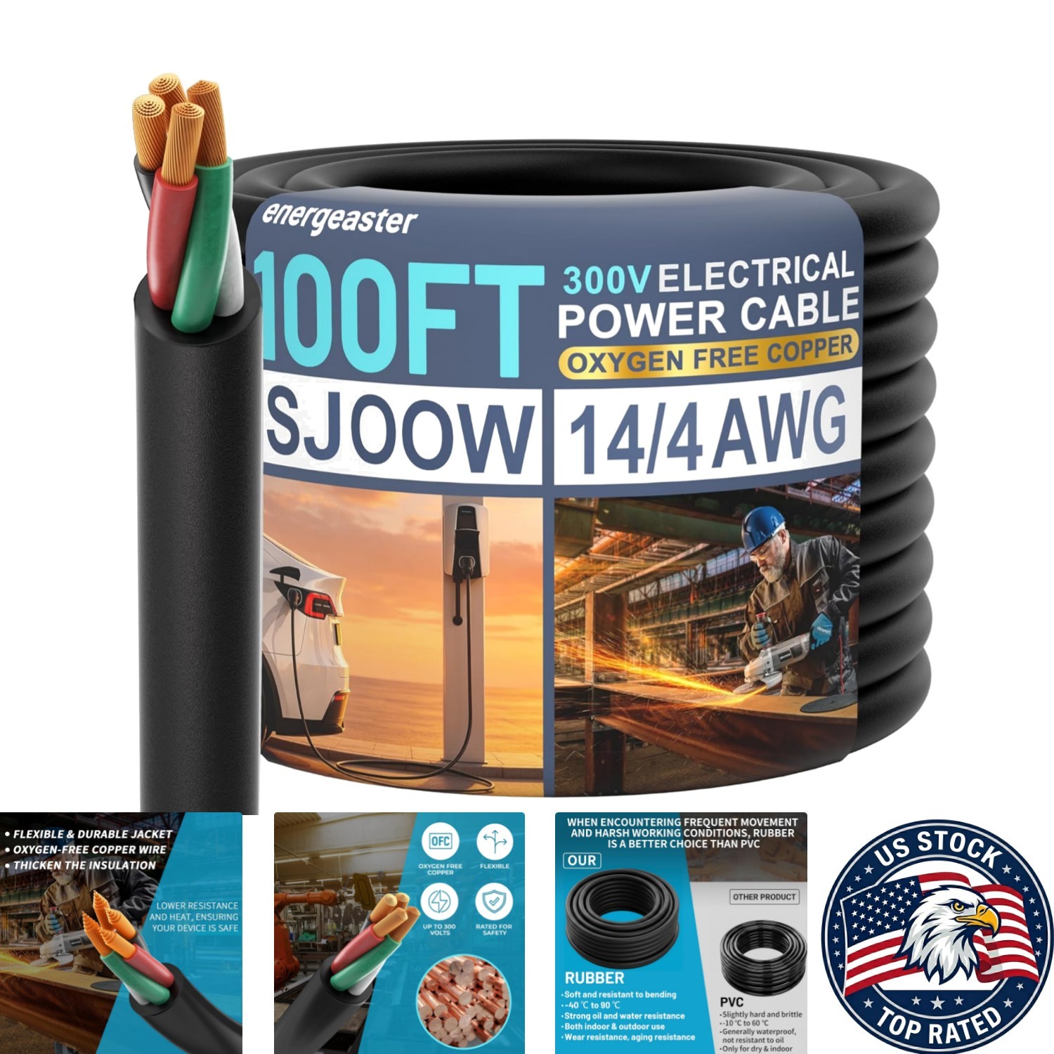 100FT Flexible 14/4 SJOOW Cable - Water Resistant for Industrial & Outdoor Use