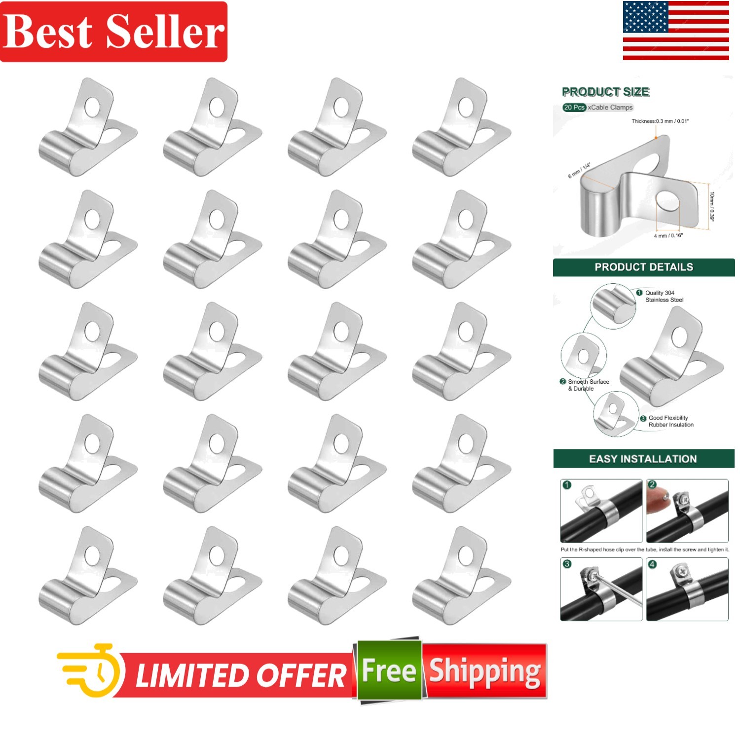 Metal Wire Clamp Set 20pcs 1/4 Inch 6mm Stainless Steel Cable Clips for Indus...