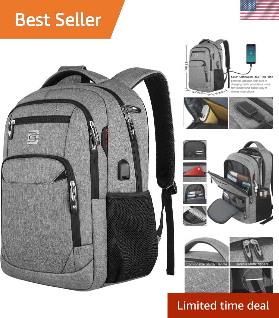 Durable Water-Resistant Grey Laptop Backpack with USB Port & Comfort Features