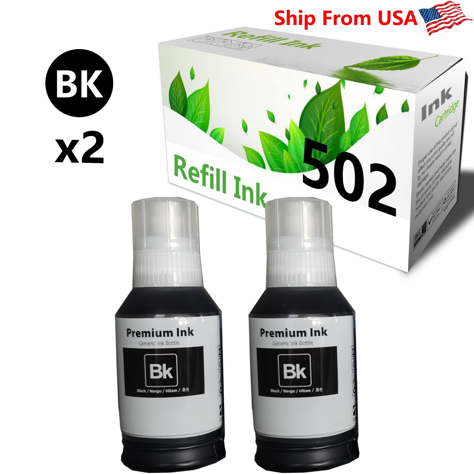 2PACK T502 502 Black Refill Ink Bottle Work With ET-2700 Printer