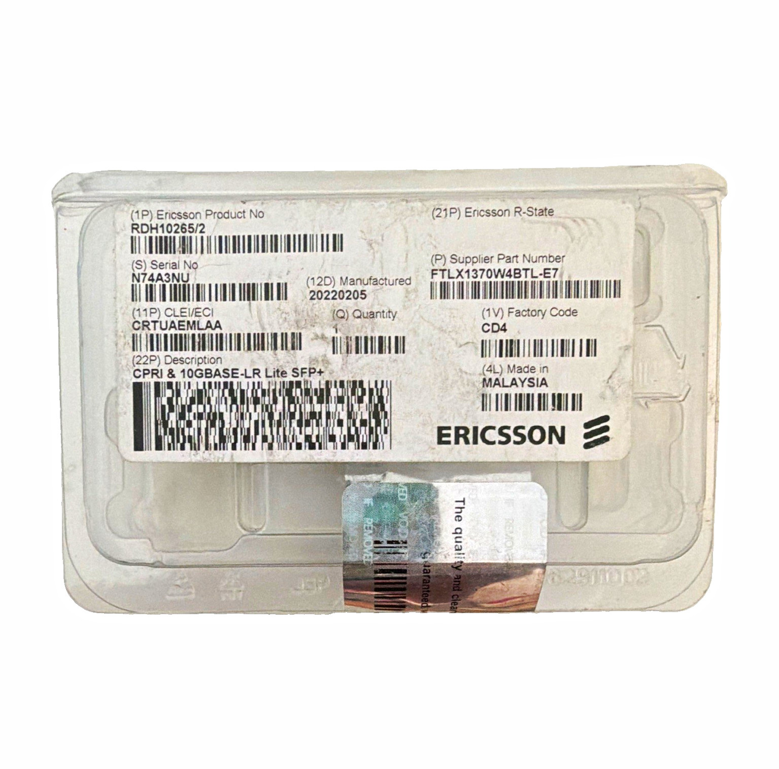 Ericsson RDH10265/2 SFP+ Transceiver Module, MPN RDH10265/2
