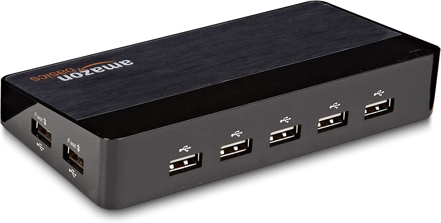 10 Port USB 2.0 Hub  w/ Power Adapter and Cable 2 Fast Charge ports Plu&Play