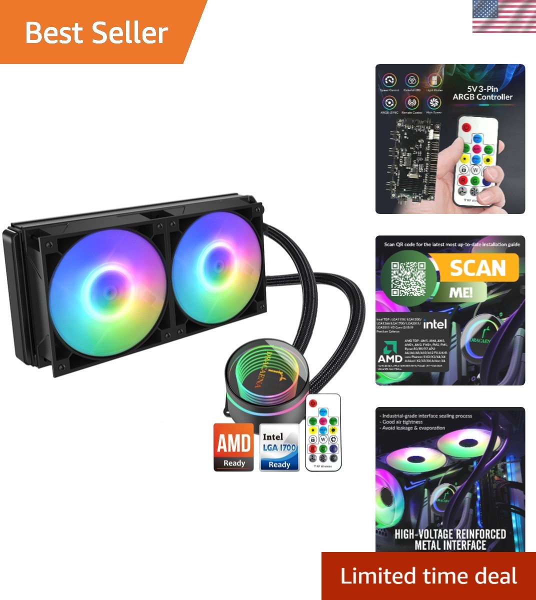 High-Performance 240mm AIO CPU Cooler with ARGB Fans & Color Change Remote