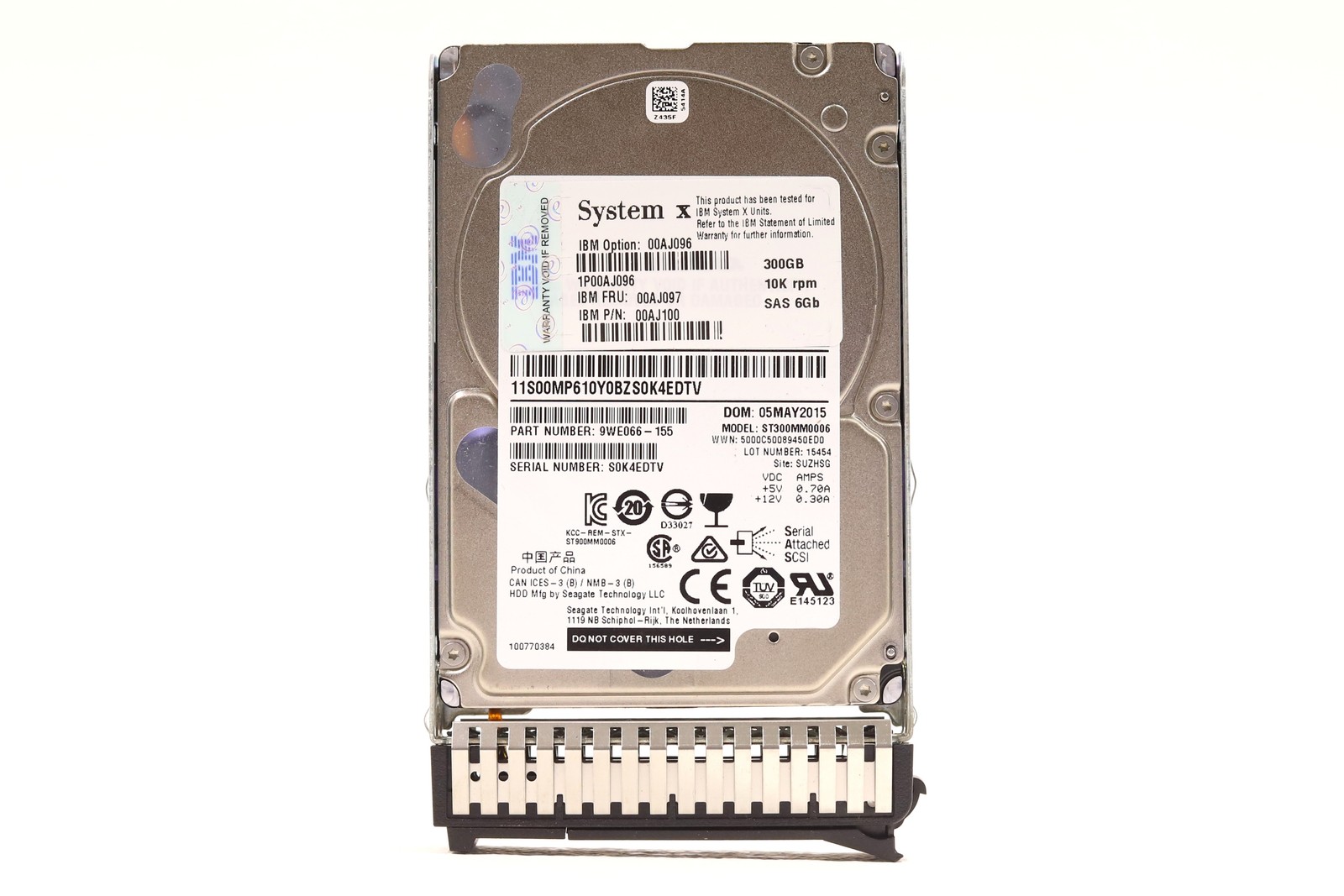IBM ST300MM0006 300GB 2.5" 6Gb/s 10K RPM SAS HDD W/Caddy FRU P/N: 00AJ097 Tested