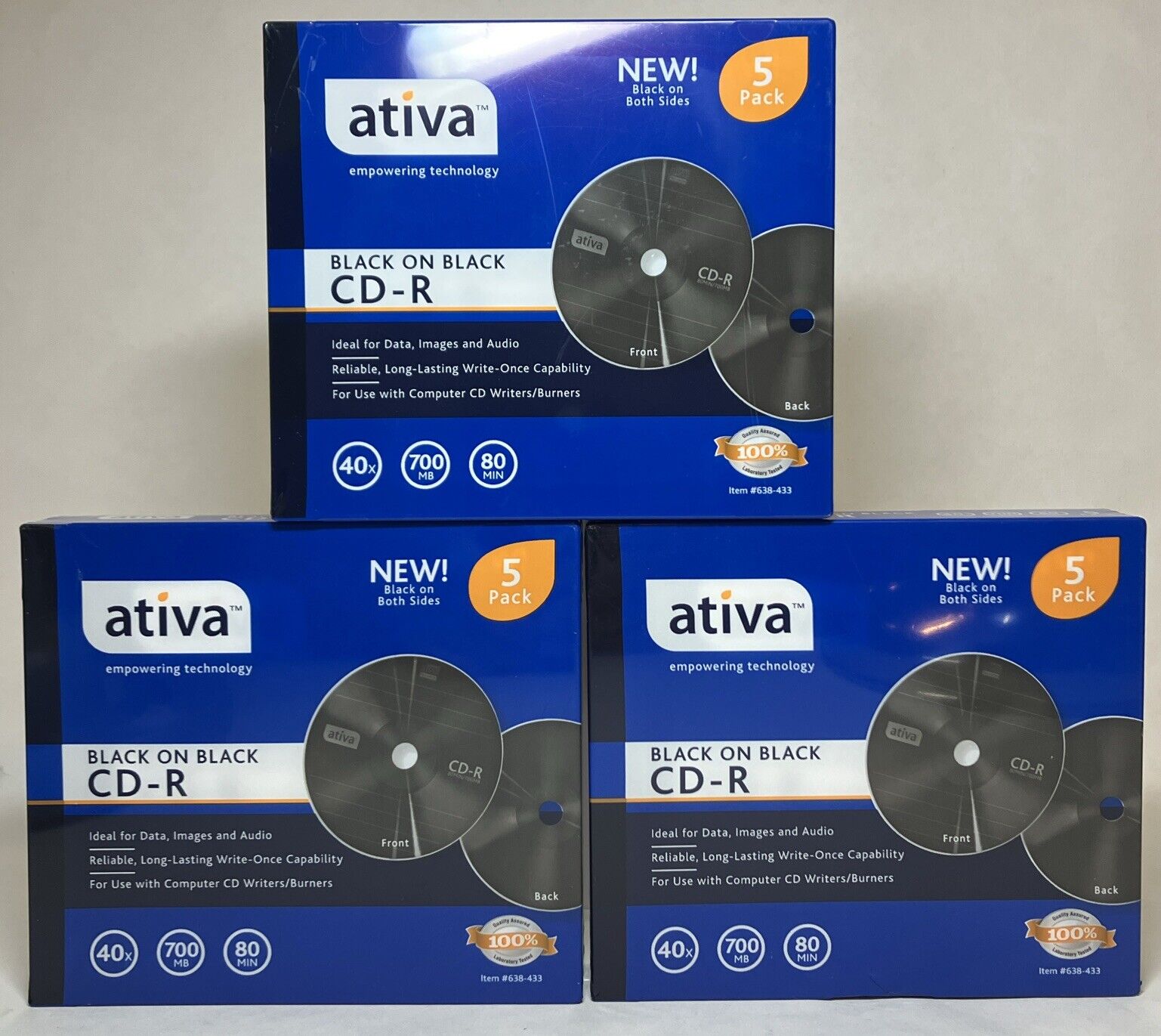 Lot Of 3 5-Packs Of Ativa Black on Black Front & Back CD-R 40x 700mb 80min