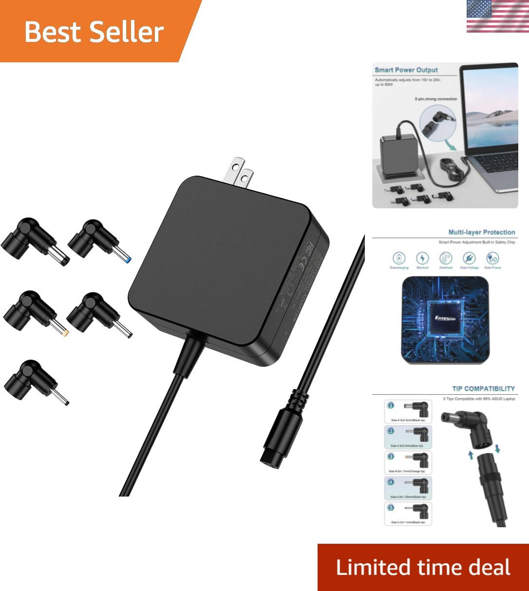 ASUS-Compatible 65W Charger with 5 Tips – Lightweight & Reliable Power Solution