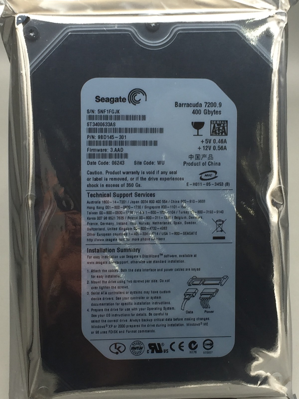 Seagate Barracuda ST3400633AS ES 400GB 7200 RPM 16MB SATA  Enterprise HDD used