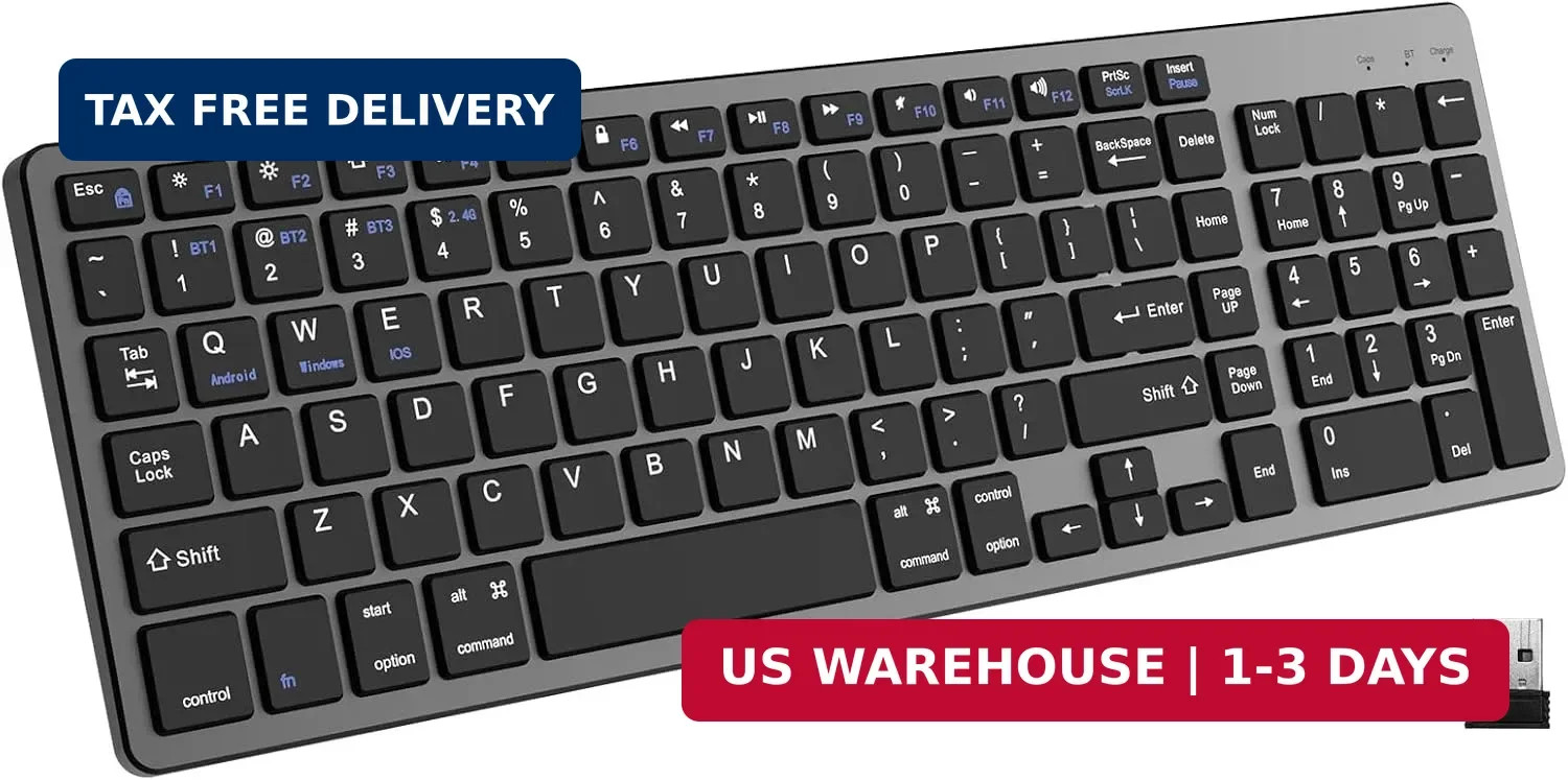 Ultra Slim Wireless Bluetooth Keyboard Rechargeable (2.4G+BT) Quiet Typing