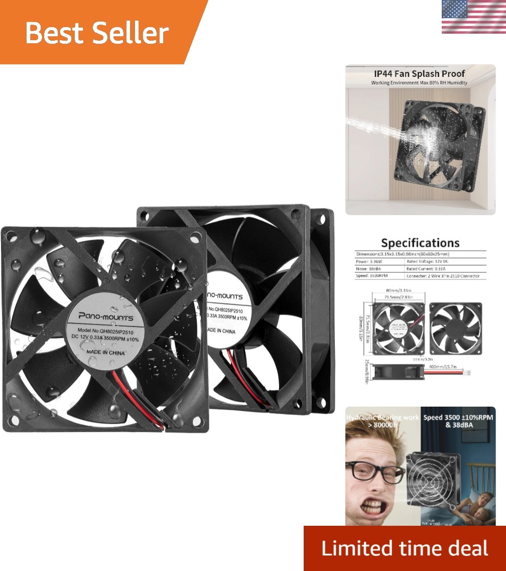 80mm Moisture-Proof 12V High Airflow Cooling Fan 2Wire 3Pin 3500RPM 2-Pack