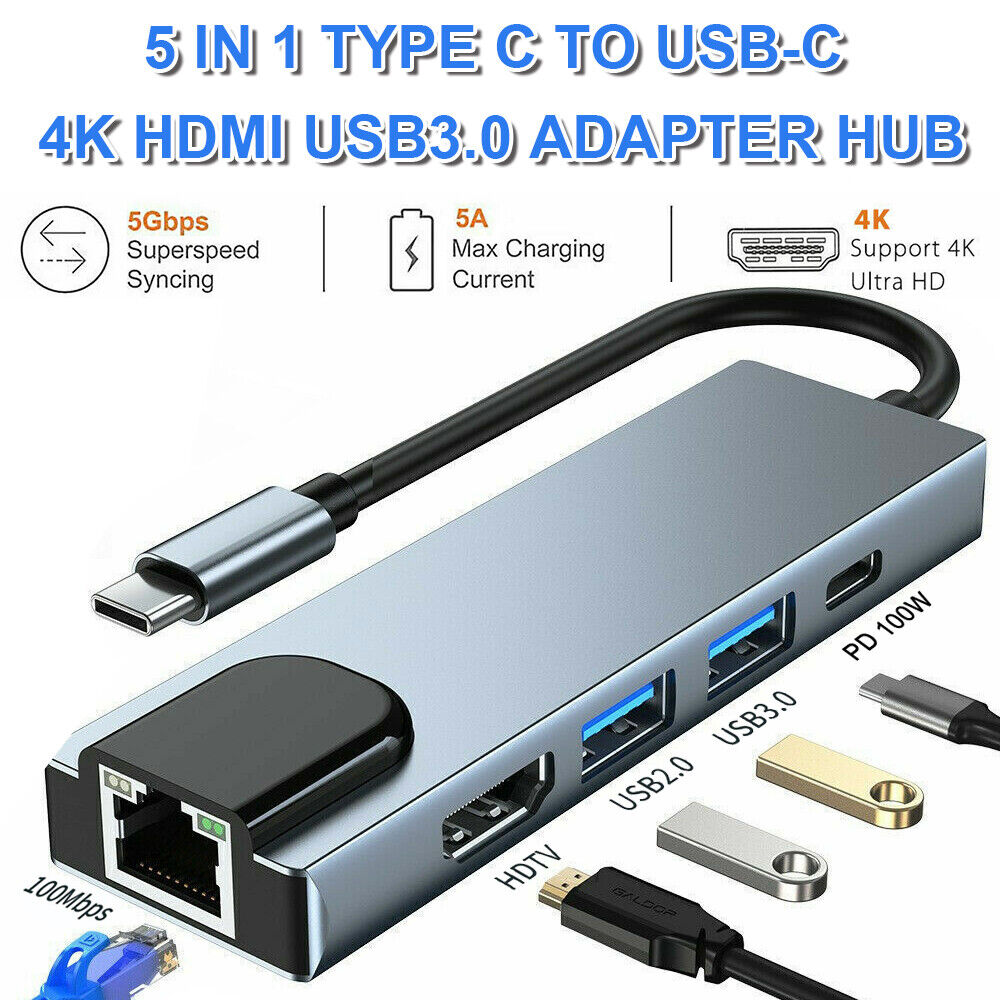 5 IN 1 Type-C to USB 3.0 Hub 4K HDMI RJ45 Ethernet Adapter for Macbook Keyboard