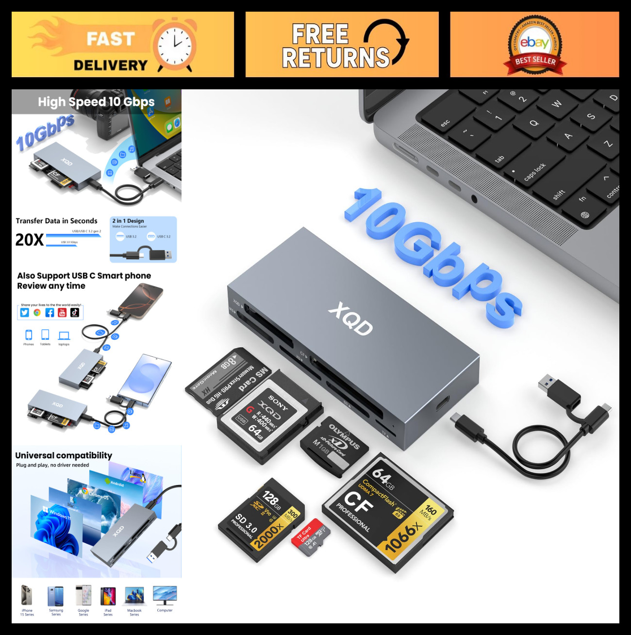 10Gbps 8-in-1 Multi-Card Reader USB C for XQD, SD, CF, TF, MS - Fast Data Transf