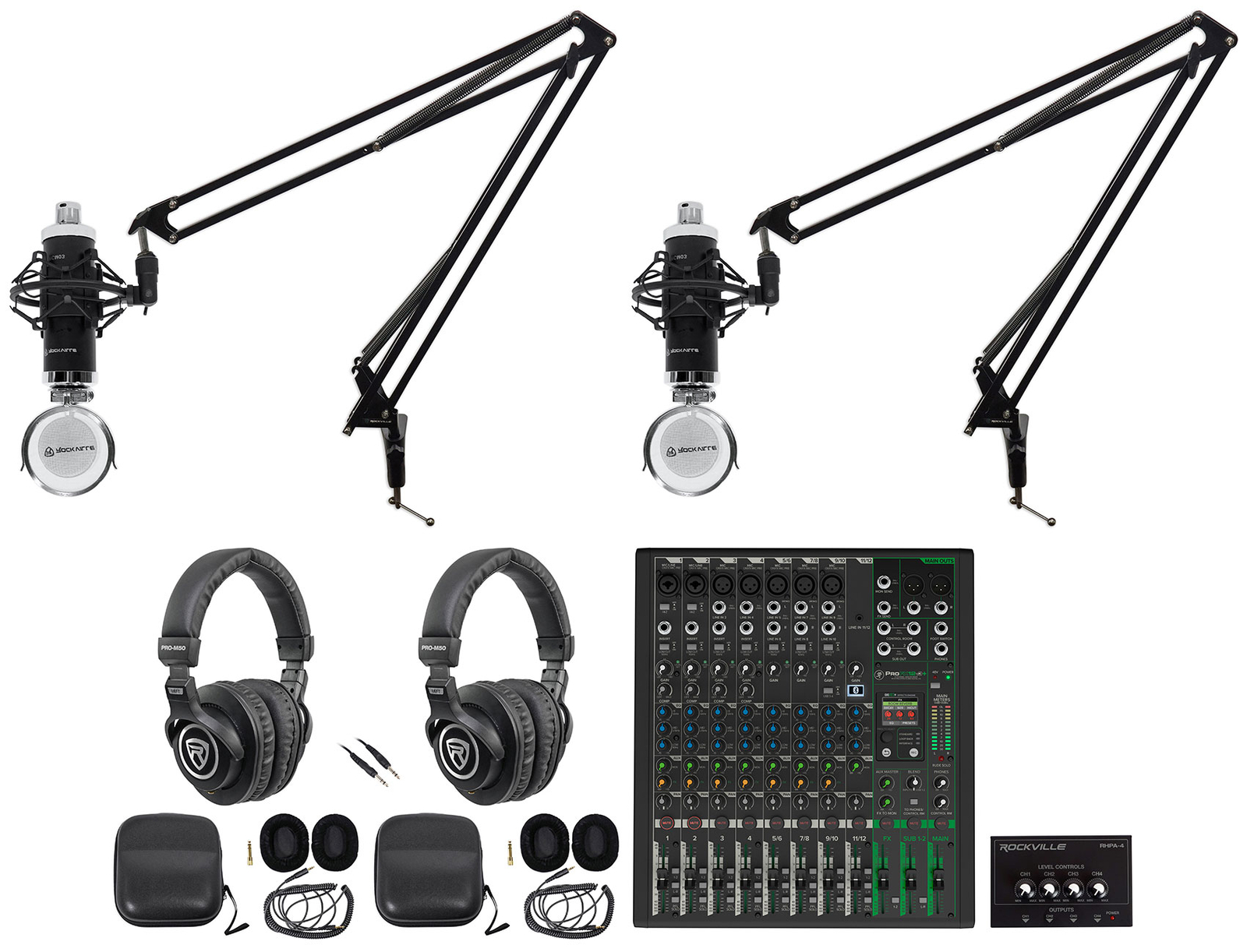 2-Person Podcast Podcasting Recording Kit w/Mackie ProFX12 v3+ Mixer+Boom Arms