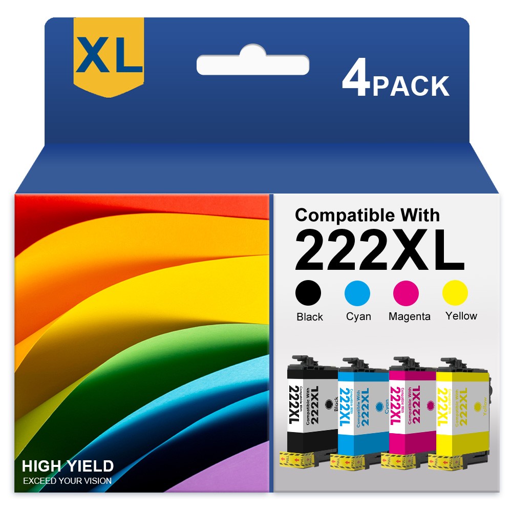 4Pack BCMY 222XL Replacement for Epson Ink Cartridge for WF-2960 XP-5200 Printer