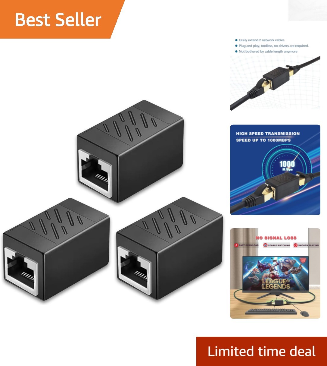 Extend Your Ethernet with 3 Pack Gold Plated RJ45 Couplers – 328ft Compatibility
