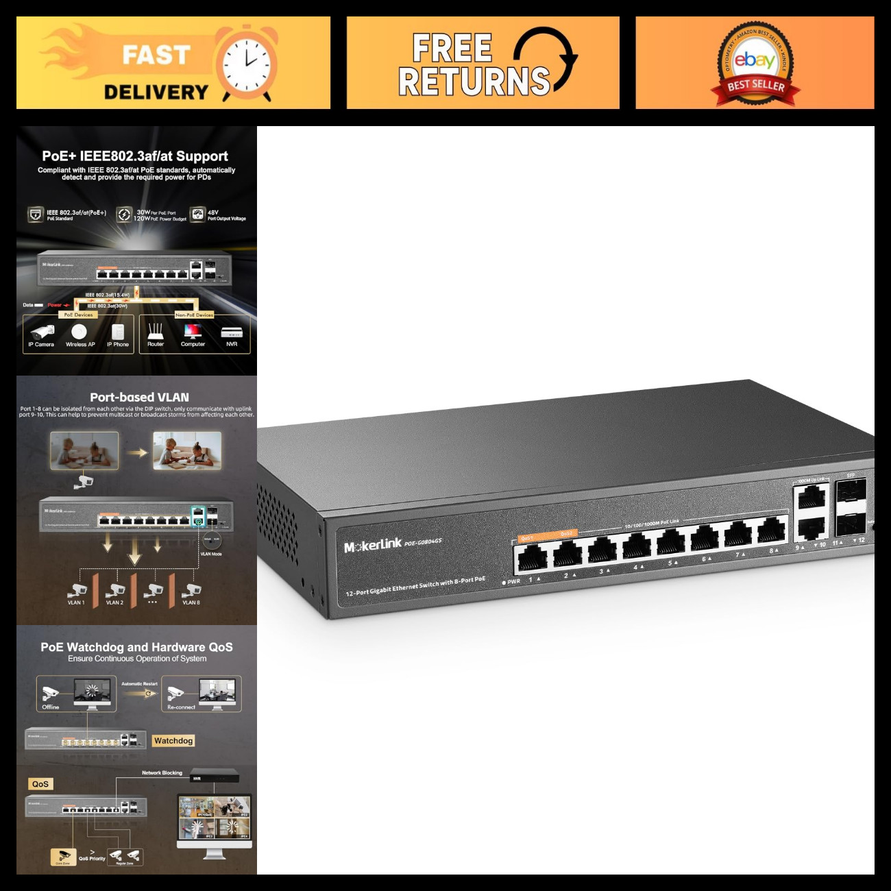 12-Port Gigabit PoE Switch, 8 PoE+ Ports, 120W AI Detection, Unmanaged Network S