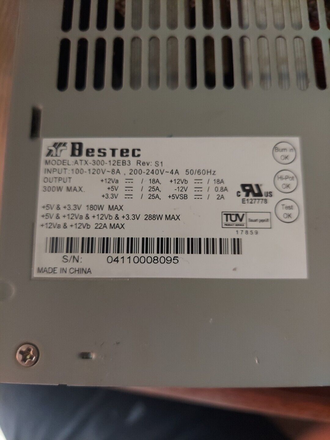 Bestec Model ATX -300-12EB3 Rev. S1 Desktop Power Supply Used*