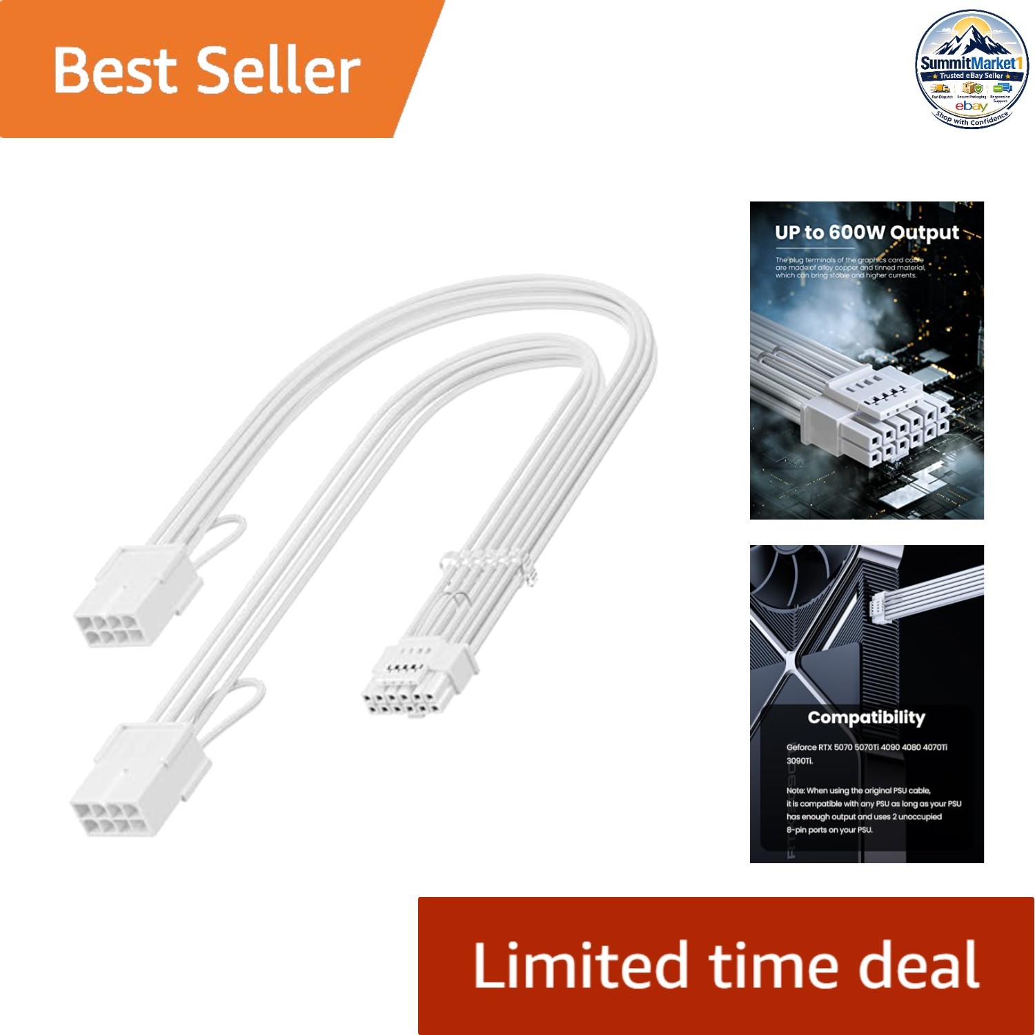 12V-2x6 GPU Adapter Extension Cable For RTX 5070 5070 Ti White 16 Pin 600W