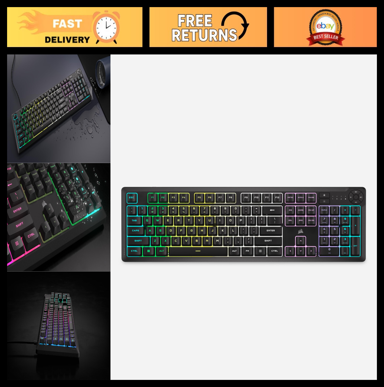 RGB Gaming Keyboard - Membrane, Spill Resistant, Quiet Switches, Ten-Zone Lighti